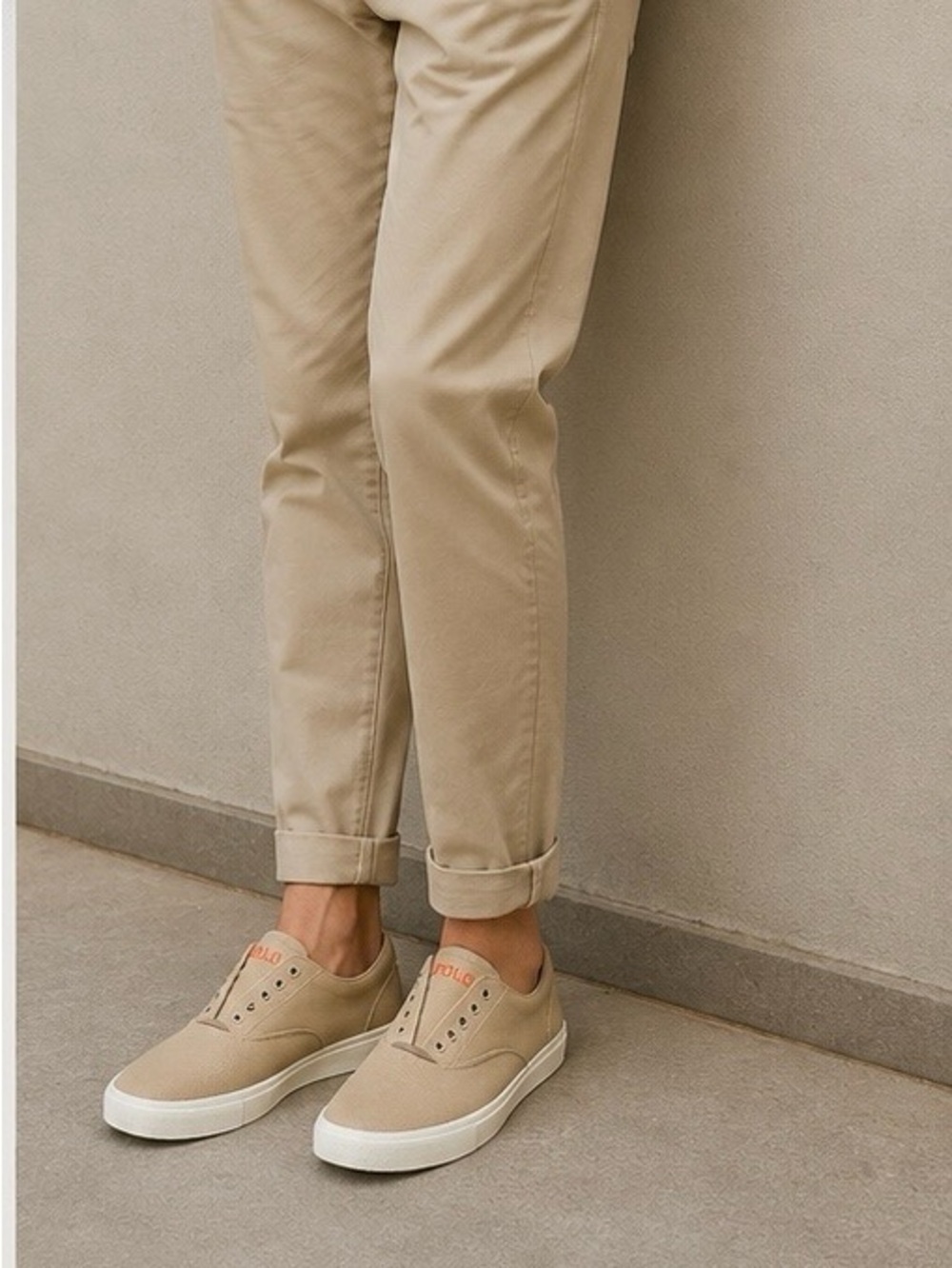 Ralph Lauren Men's Slip-On Canvas Sneakers in Tan with Orange Logo